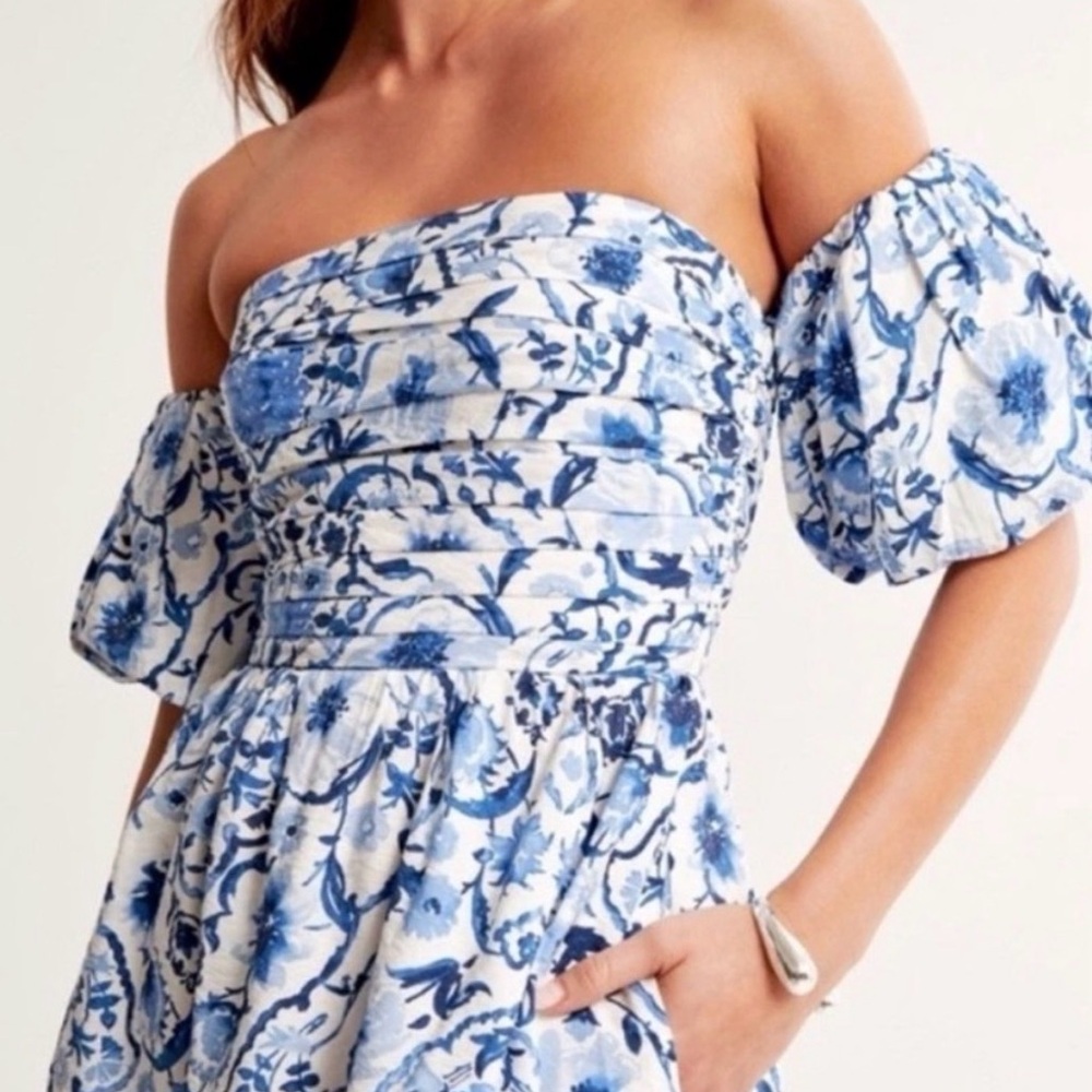 Off-Shoulder Blue Floral Midi Dress